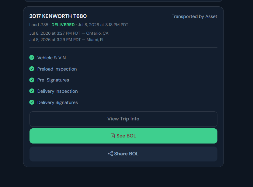 MyFleet BOL management — five-step checklist from Vehicle & VIN to Delivery Signatures, all complete