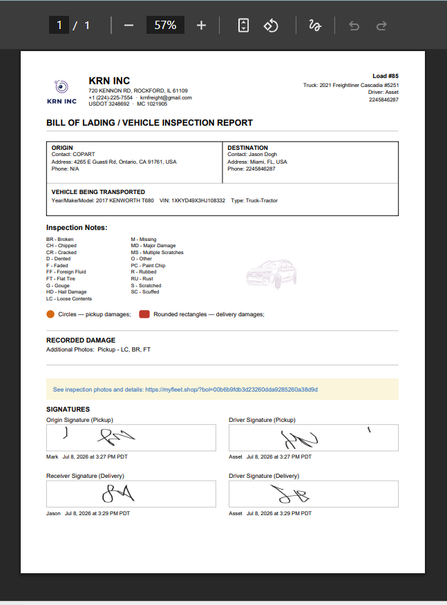 The finished, printable Bill of Lading / Vehicle Inspection Report generated from that load