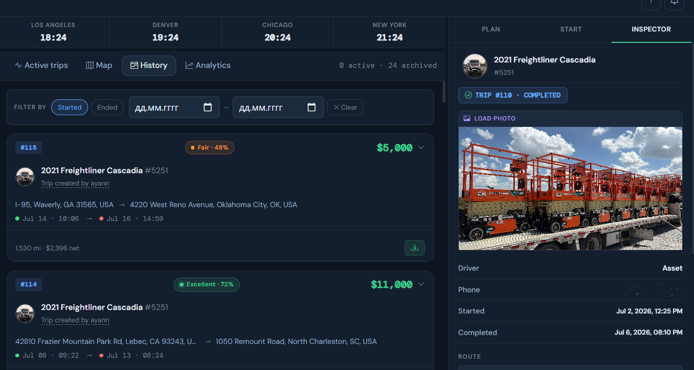 MyFleet dispatch overview — fleet status, active trip history and vehicle inspector panel, all in one screen