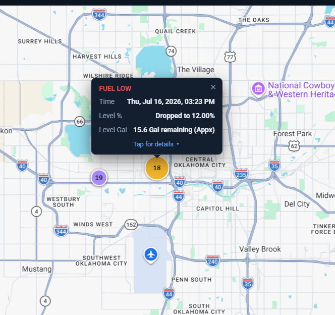 Automatic fuel-low alert, mapped to the exact location and time it happened