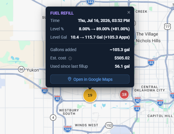 Automatic refill confirmation with gallons added and estimated cost