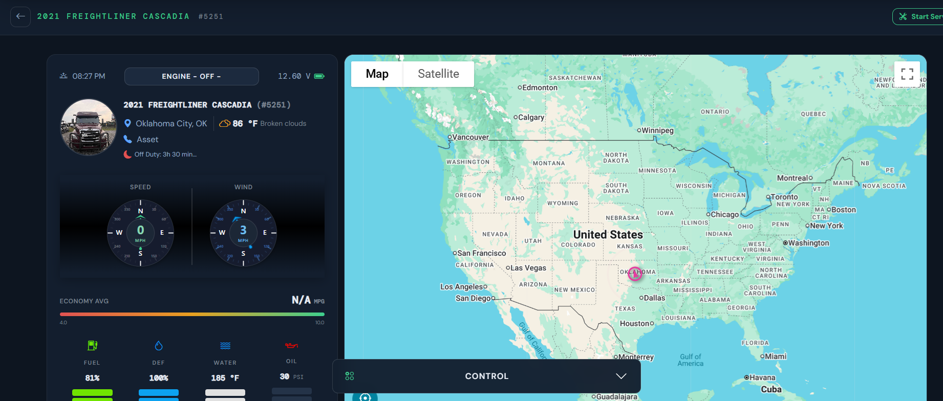 MyFleet live vehicle dashboard — speed and wind compasses, local weather, fuel, DEF, water and oil levels, and a live map